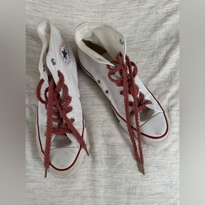 Converse White High Top Sneakers with Fuzzy Laces